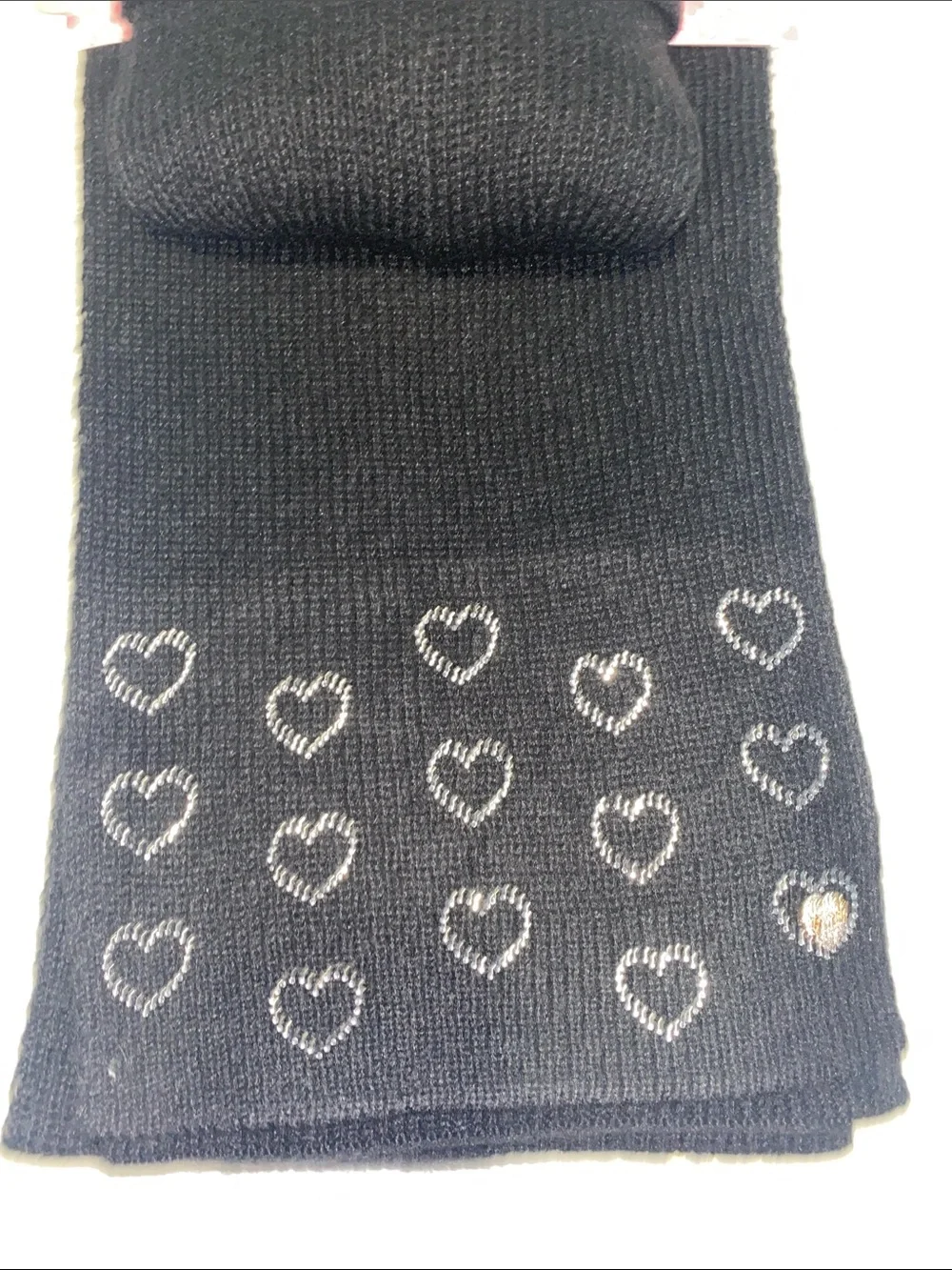 Juicy Couture Black Rhinestone Heart Pom Beanie and Scarf Set